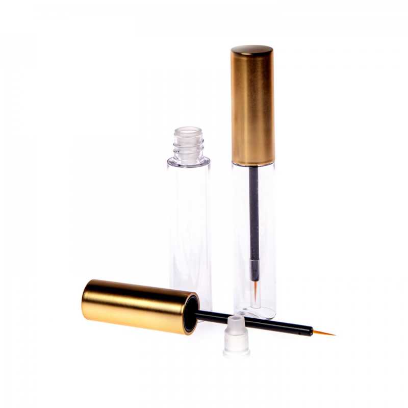 Plastic tube with fine brush for eyeliner.The tube is transparent and has a glossy plastic lid. A centre section is inserted into the neck of the tube for wipin