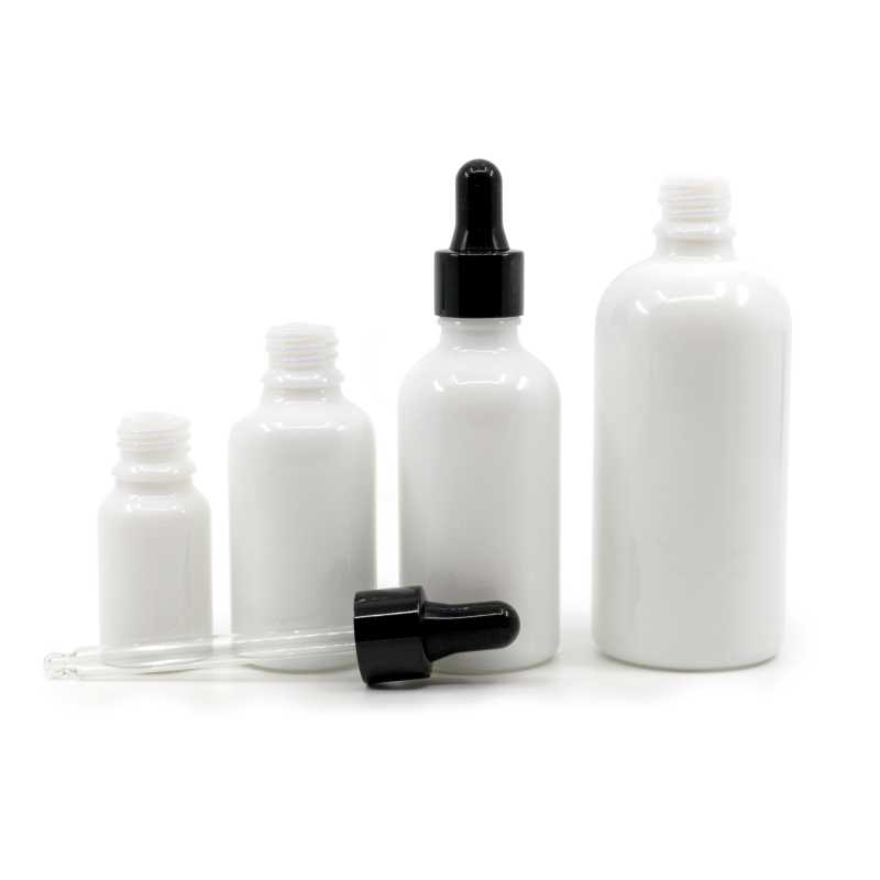 White Glass Bottle, Glossy Black Dropper, 10 ml