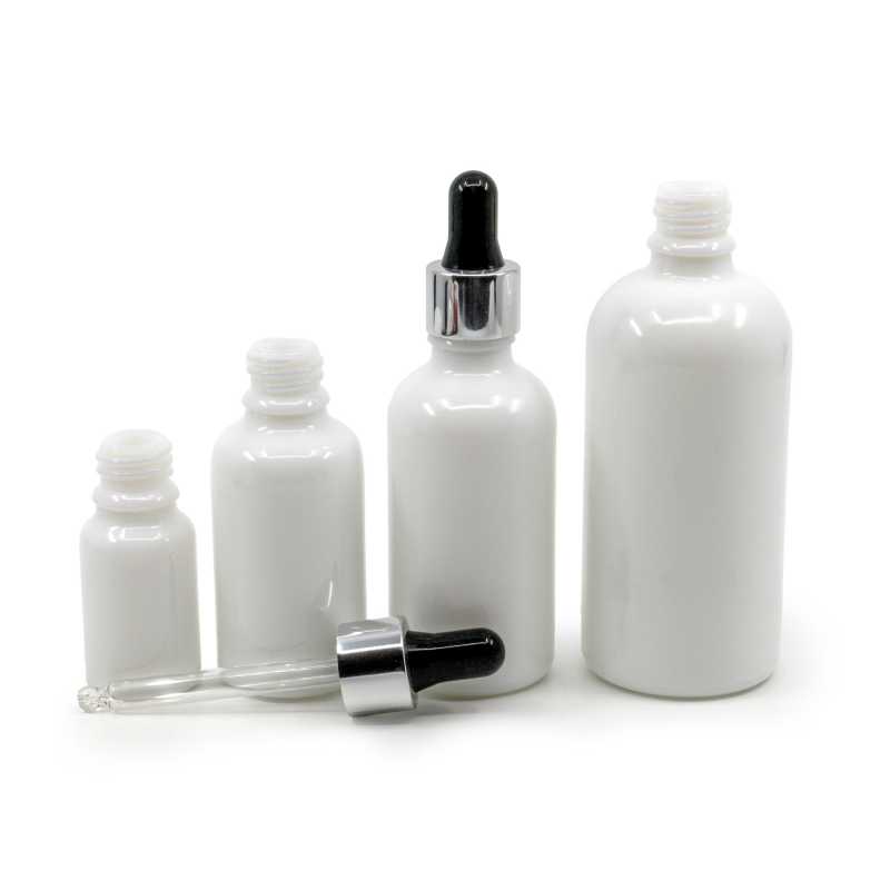 White Glass Bottle, Silver Black Dropper, 10 ml