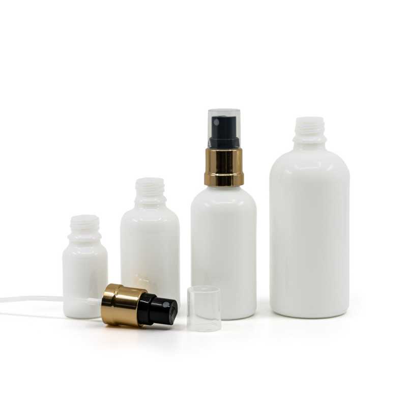 White Glass Bottle, Glossy Gold Black Spray, 10 ml