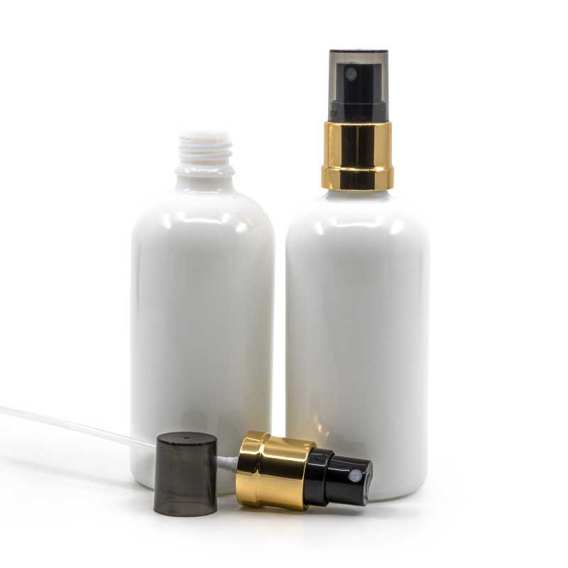 White Glass Bottle, Glossy Gold Black Spray, Smokey Overcap, 10 ml