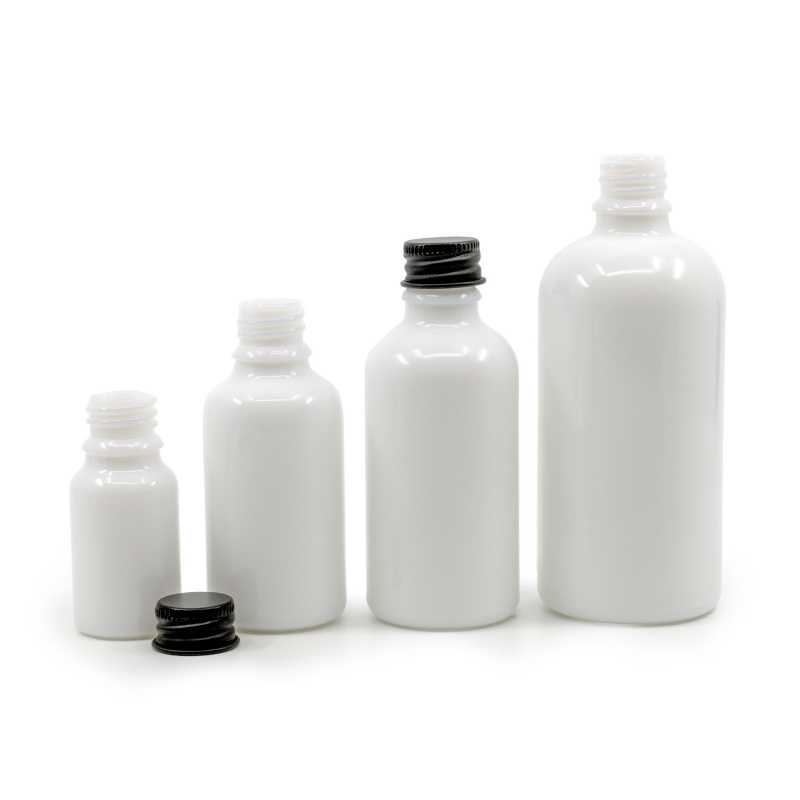 White Glass Bottle, Black Aluminium Cap, 10 ml