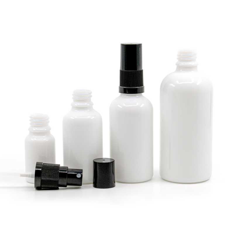 White Glass Bottle, Black Fine Mist Sprayer, Black Overcap, 10 ml