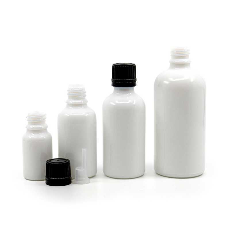 White Glass Bottle, Black Cap & Dropper 10 ml