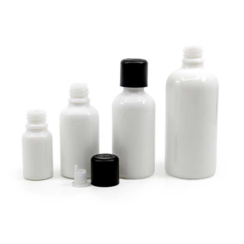 White Glass Bottle, Black Tamper Evident Safety Cap & Dropper 10 ml