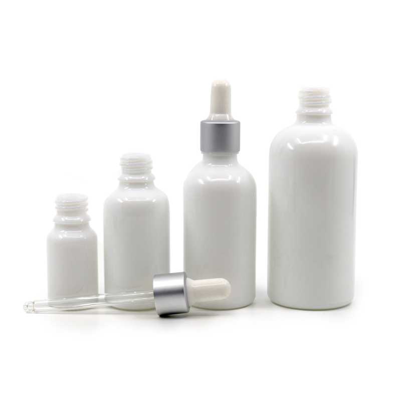 White Glass Bottle, Matte Silver White Dropper, 10 ml