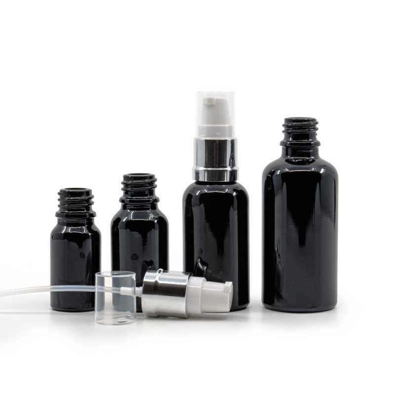  Gloss Black Glass Bottle, Glossy Silver White Pump, 30 ml