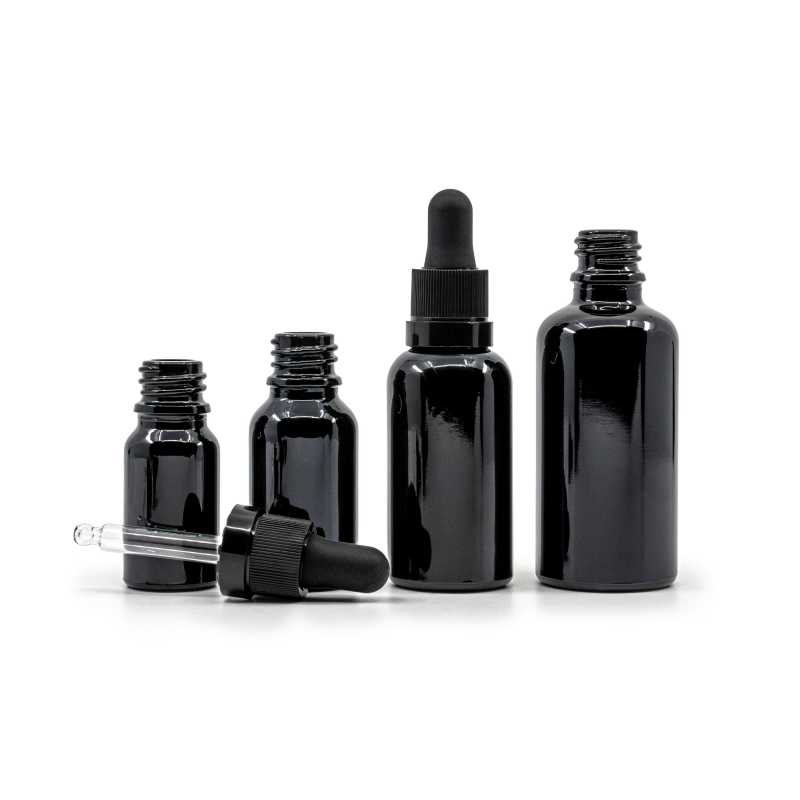 Gloss Black Glass Bottle, Matte Black Dropper With Shiny Strip, 15 ml