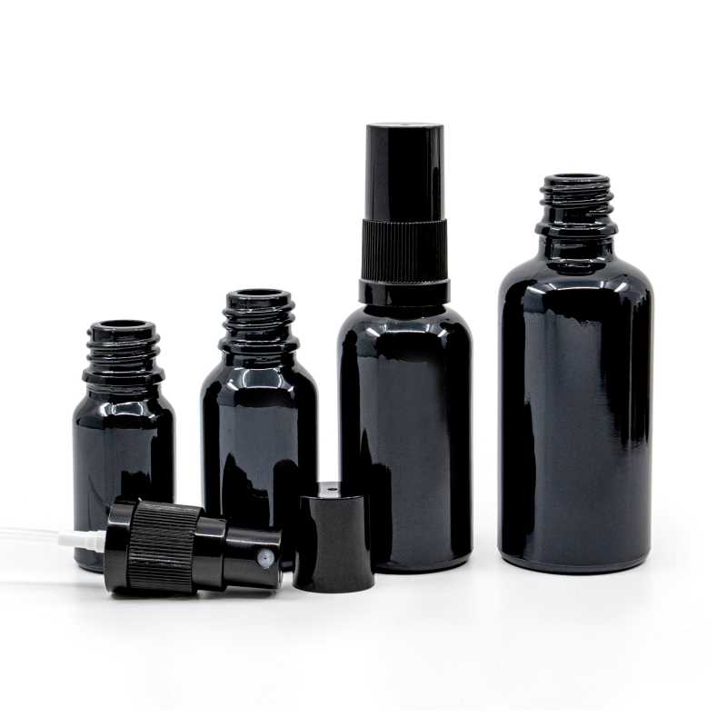 Gloss Black Glass Bottle, Black Fine Mist Sprayer, Black Overcap, 30 ml