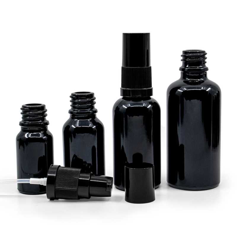 Gloss Black Glass Bottle, Lotion Pump with Black Overcap, 30 ml