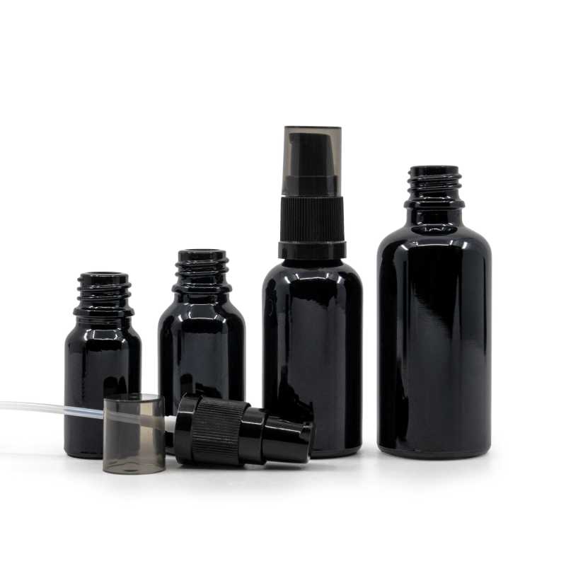 Gloss Black Glass Bottle, Lotion Pump with Smokey Overcap, 30 ml