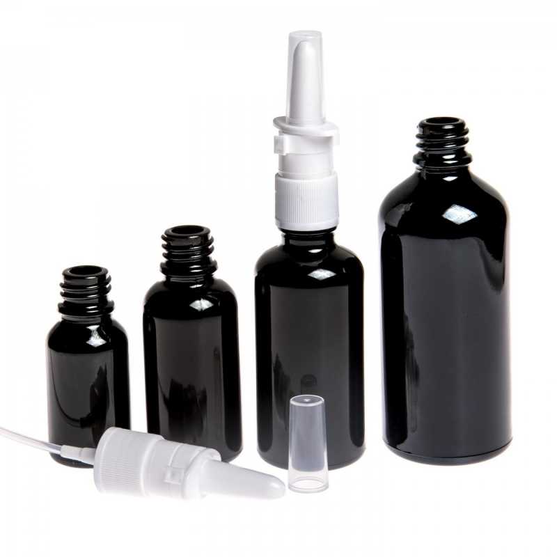 Gloss Black Glass Bottle, White Nasal Spray, 30 ml