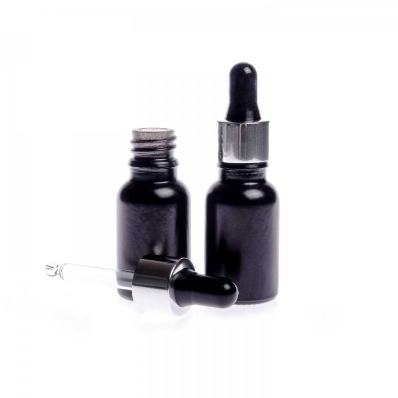 Matt Black Glass Bottle, Silver Black Dropper, 30 ml