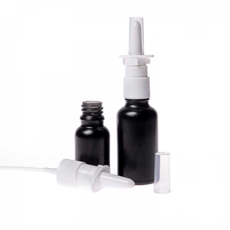 Matt Black Glass Bottle, White Nasal Spray, 15 ml