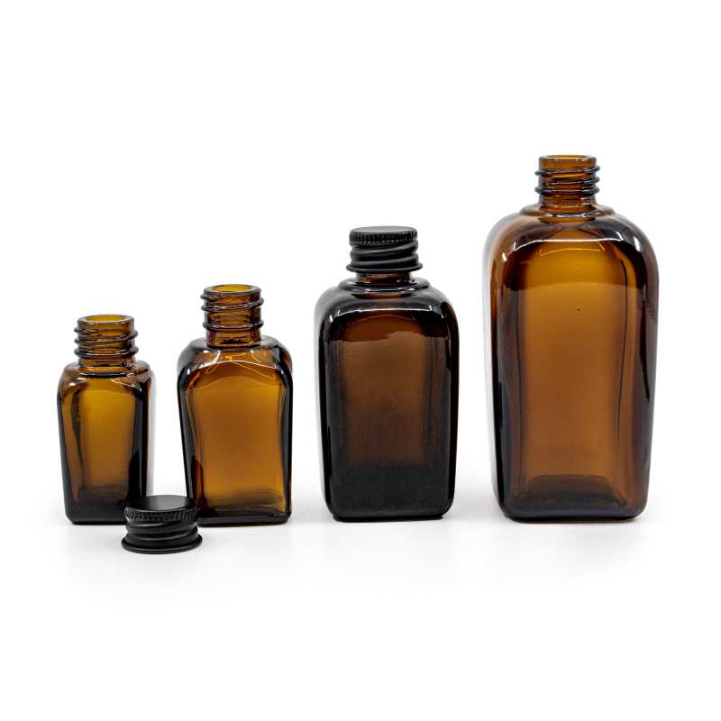 Amber Glass Square Bottle, Black Aluminium Cap, 10 ml