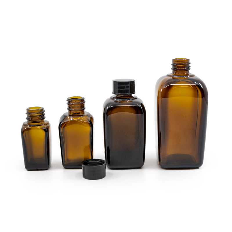 Amber Glass Square Bottle, Black Cap, 10 ml