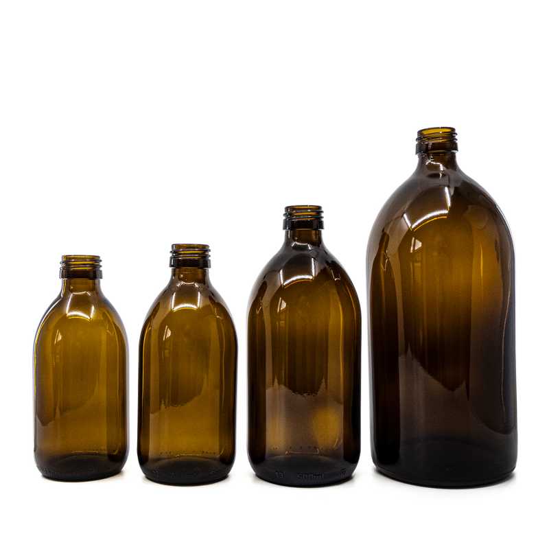 Amber Round Sirup Glass Bottle, PP28, 300 ml