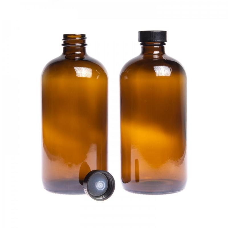 The glass bottle, the so-called BOSTON-type vial, is made of thick, dark brown glass. It is used for storing liquids, which, thanks to its colour, are effective