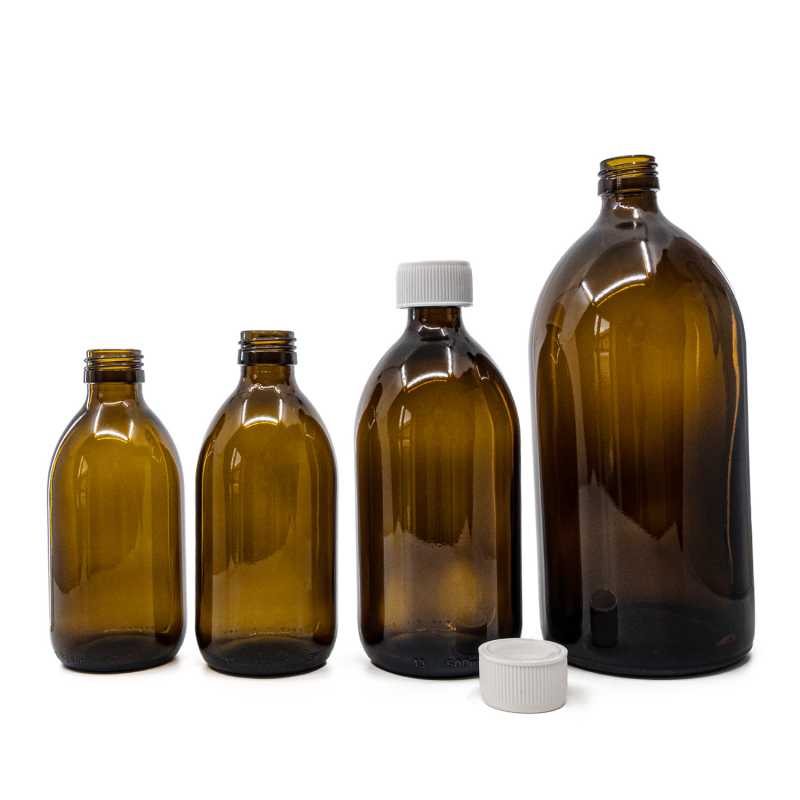 Amber Round Sirup Glass Bottle, 28 mm, White Safety Cap, 500 ml