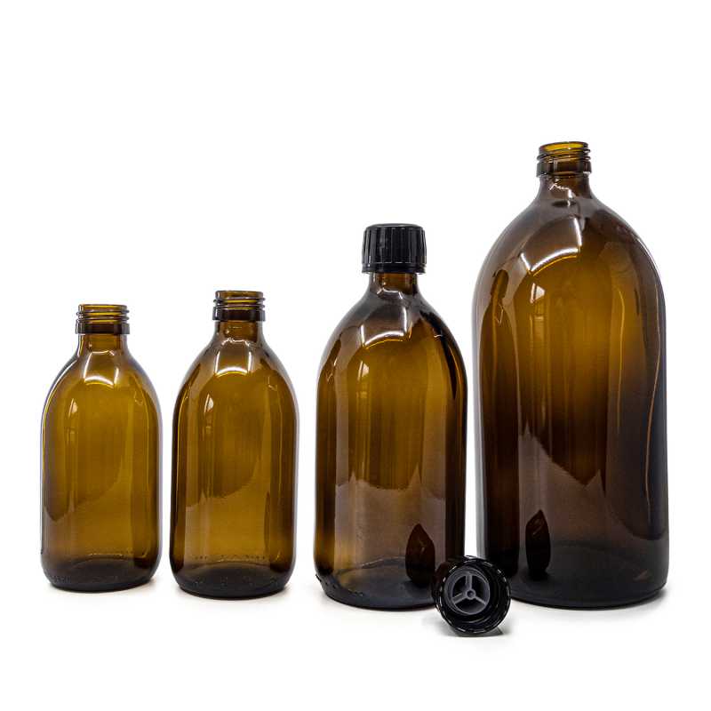 Amber Round Sirup Glass Bottle, Black Cap & Pourer, 500 ml