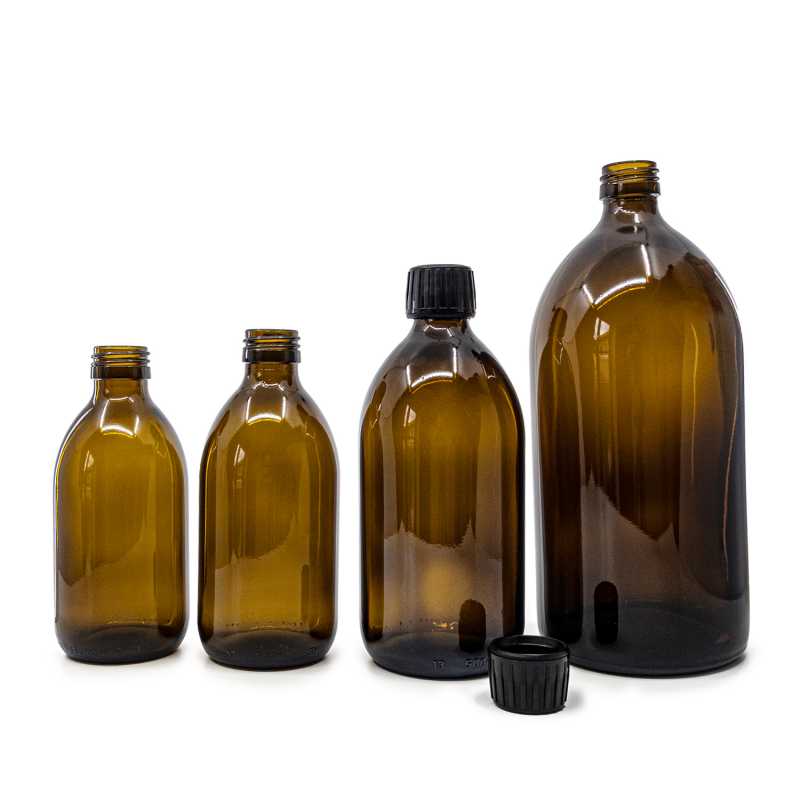 Amber Round Sirup Glass Bottle, Black Cap, 500 ml