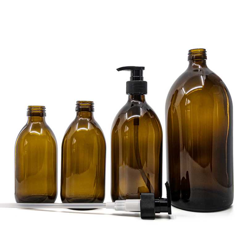 Amber Round Sirup Glass Bottle, Black Ribbed Pump, 500 ml