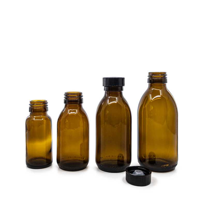 Amber Round Sirup Glass Bottle, PP28, Bakelite Black Cap, 150 ml