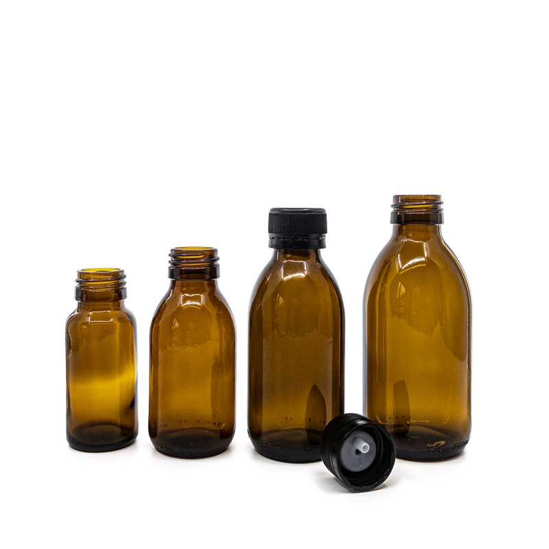 Theglass bottle, called vial, with a volume of 100 ml, is made of thick glass of dark brown colour. It is used for storing liquids, which thanks to its colour i