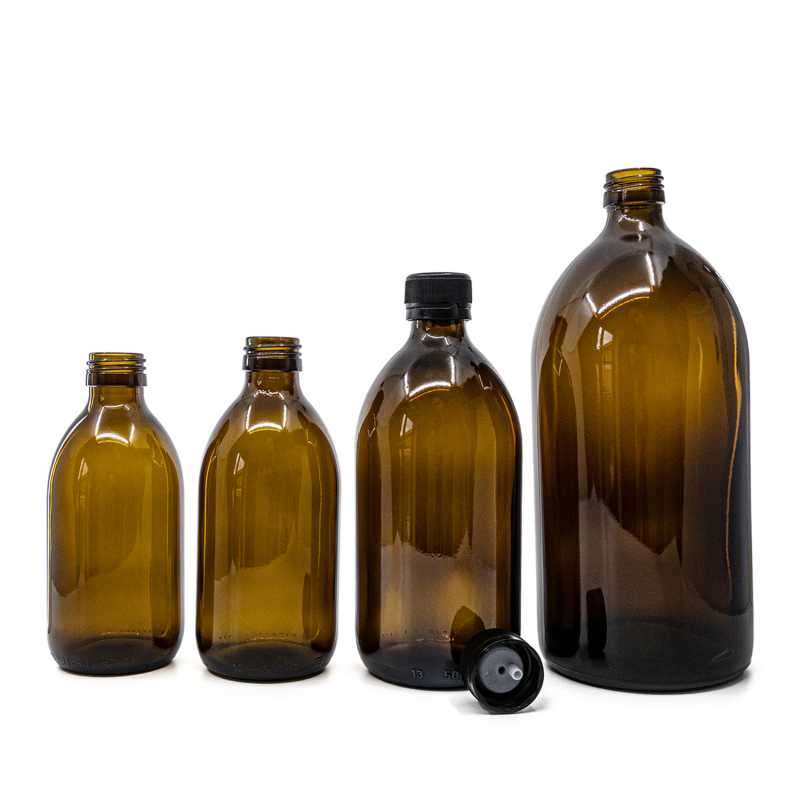 Theglass bottle is made of thick, dark brown glass with avolume of 250 ml. It is used for storing liquids, which thanks to its colour it effectively protects fr