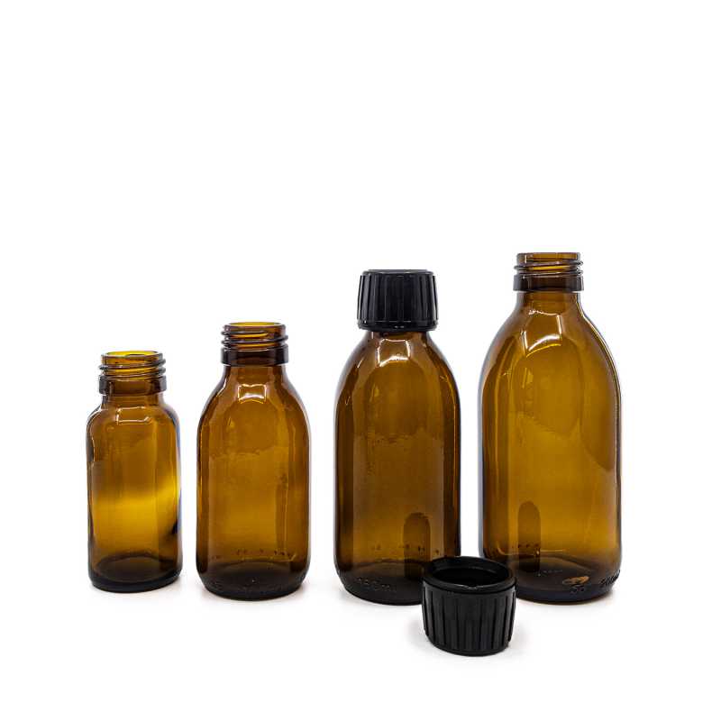 Amber Round Sirup Glass Bottle, 28 mm, Black Cap, 200 ml