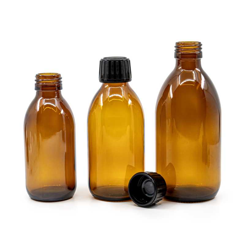 Theglass bottle, so called vial with a volume of 300 ml, is made of thick glass of dark brown colour. It is used for storing liquids, which thanks to its colour