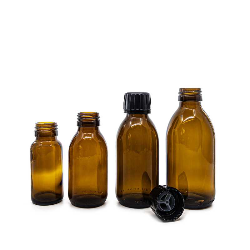 Amber Round Sirup Glass Bottle, PP28, Black Cap & Pourer, 150 ml