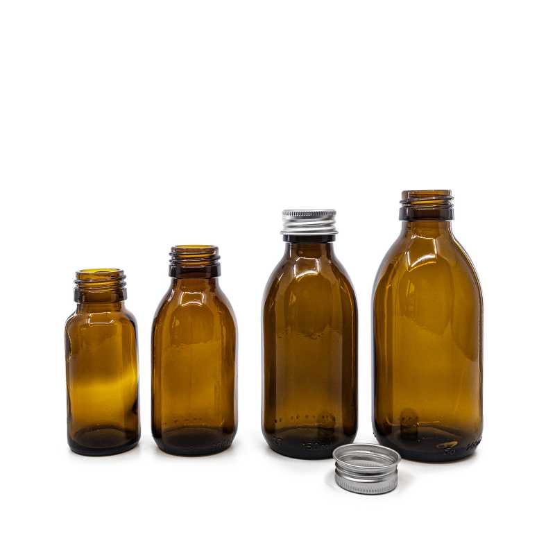 Amber Round Sirup Glass Bottle, 28 mm, Silver Aluminium Cap, 100 ml