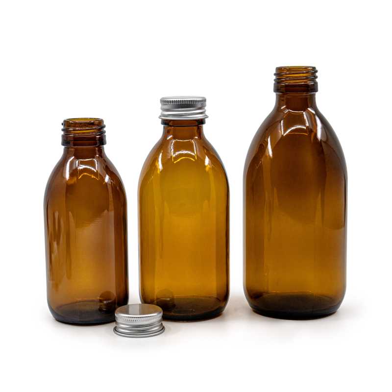 Theglass bottle, so called vial with a volume of 300 ml, is made of thick glass of dark brown colour. It is used for storing liquids, which thanks to its colour