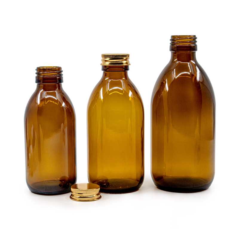 Theglass bottle, so called vial with a volume of 300 ml, is made of thick glass of dark brown colour. It is used for storing liquids, which thanks to its colour