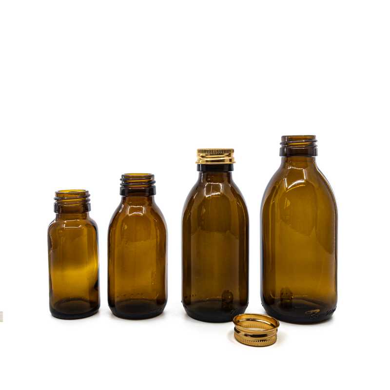 Amber Round Sirup Glass Bottle, 28 mm, Gold Aluminium Cap, 50 ml