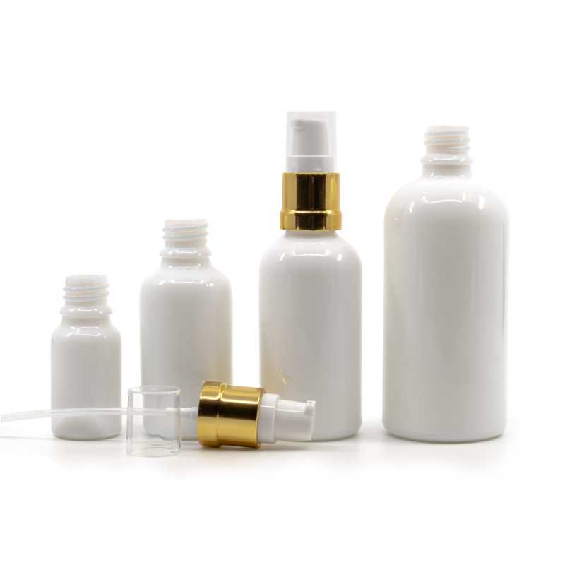 White Glass Bottle, Glossy Gold White Pump, 10 ml