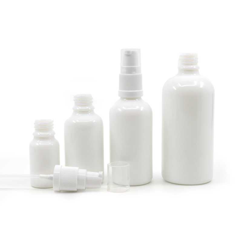 White Glass Bottle, White Lotion Pump, 10 ml