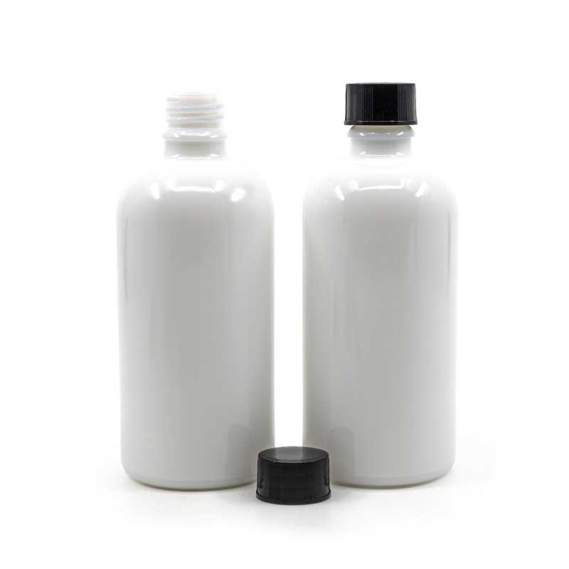 White Glass Bottle, Black Cap, 100 ml