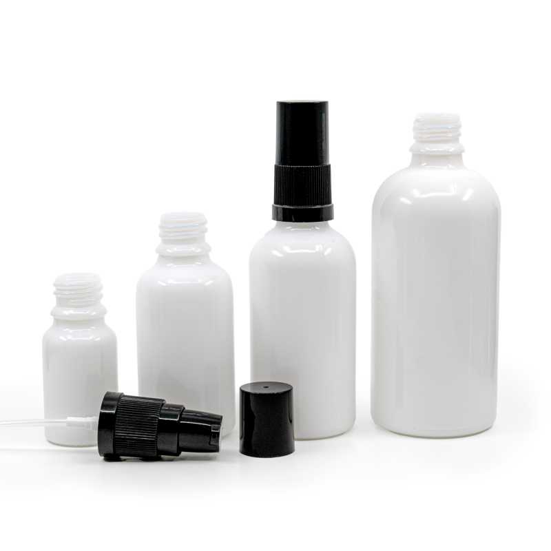 White Glass Bottle, Black Lotion Pump with Black Overcap, 10 ml-copy