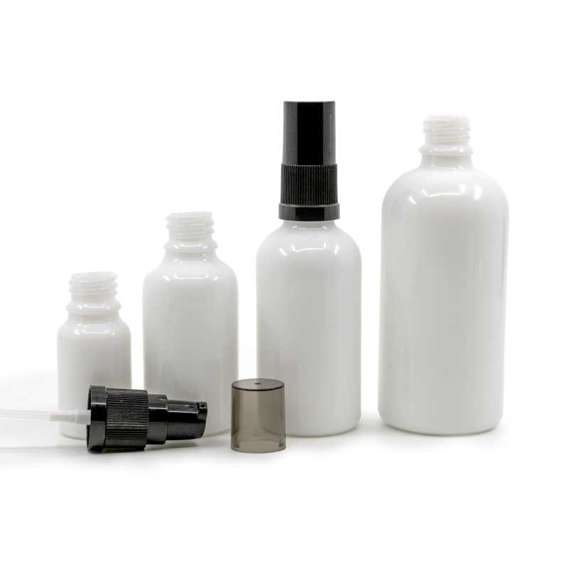 White Glass Bottle, Black Lotion Pump with Smokey Overcap, 10 ml