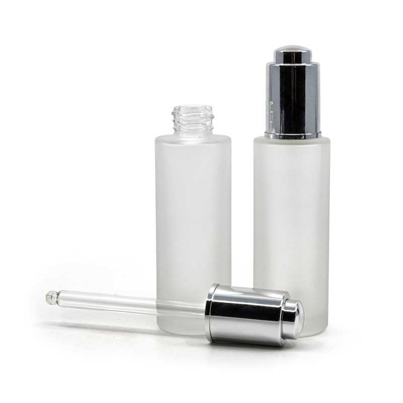 Frosted Glass Bottlee, Slim, Silver Push Dropper, 30 ml