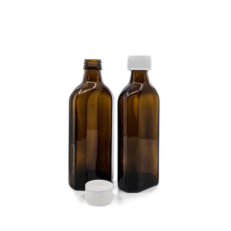 Amber Medicine Glass Bottle, Rectangular, PP28, White Safety Cap, 250 ml