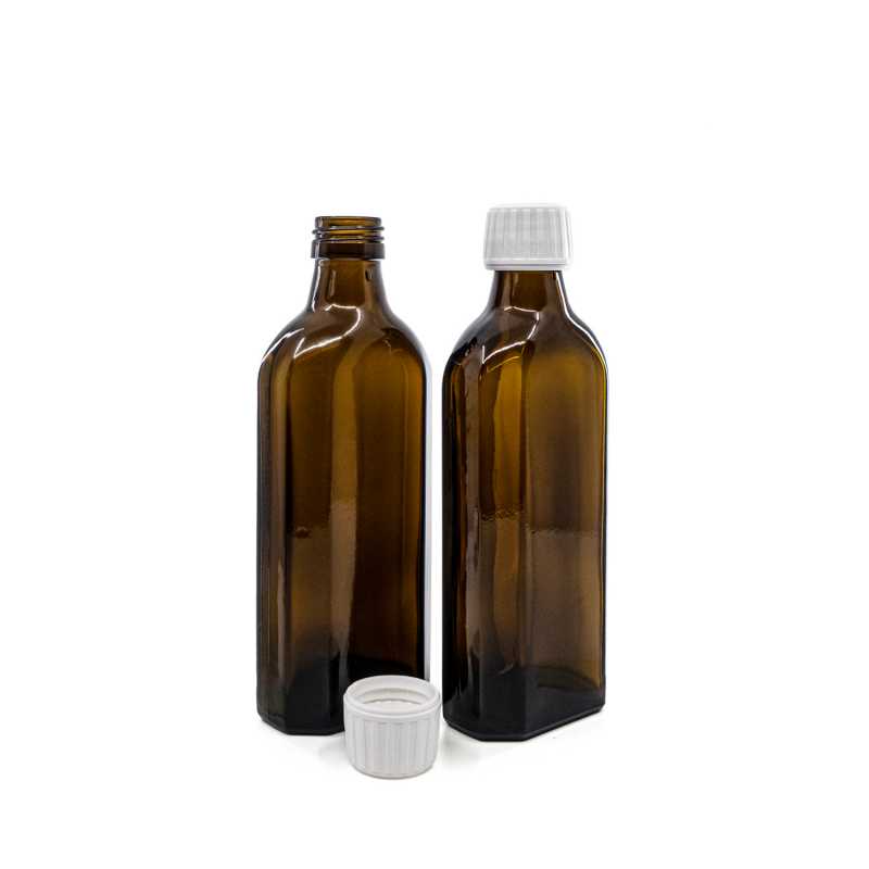 Theglass bottle is made of thick, dark brown glass with avolume of 250 ml. It is used for storing liquids, which thanks to its colour it effectively protects fr