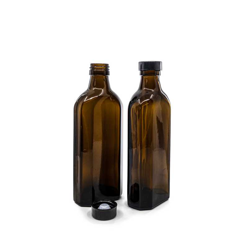 Theglass bottle is made of thick, dark brown glass with avolume of 250 ml. It is used for storing liquids, which thanks to its colour it effectively protects fr