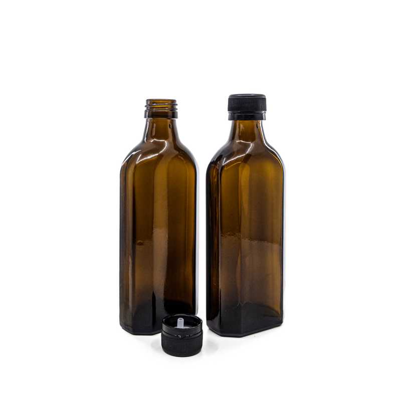 Theglass bottle is made of thick, dark brown glass with avolume of 250 ml. It is used for storing liquids, which thanks to its colour it effectively protects fr