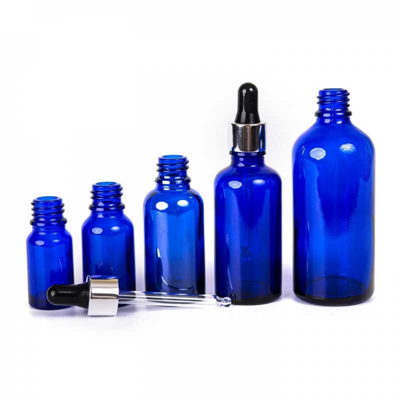 Blue Glass Bottle, Glossy Silver Black Dropper, 10 ml