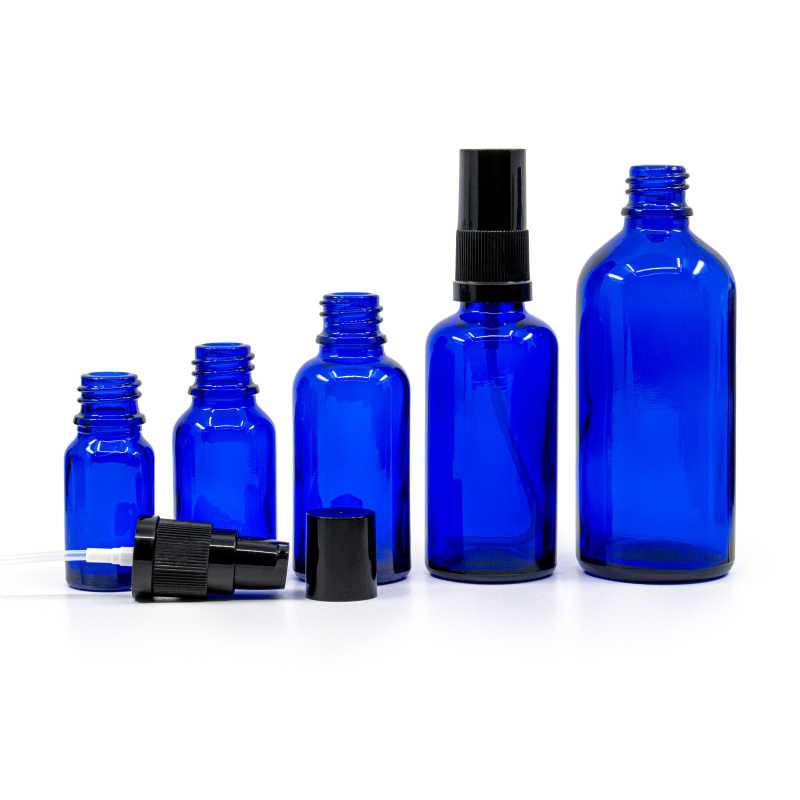 Blue Glass Bottle, Black Lotion Pump with Black Overcap, 10 ml