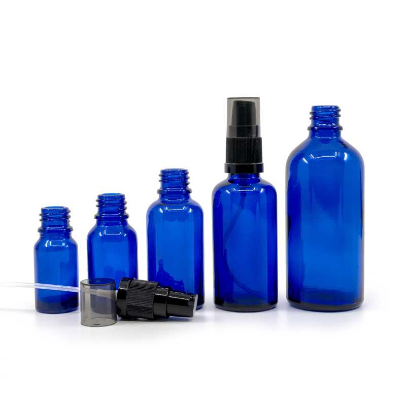 Blue Glass Bottle, Black Lotion Pump with Smokey Overcap, 10 ml