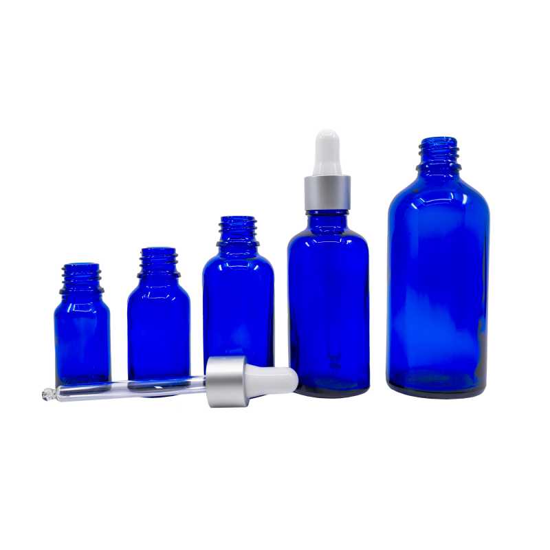 Blue Glass Bottle, Matte Silver Dropper, 100 ml